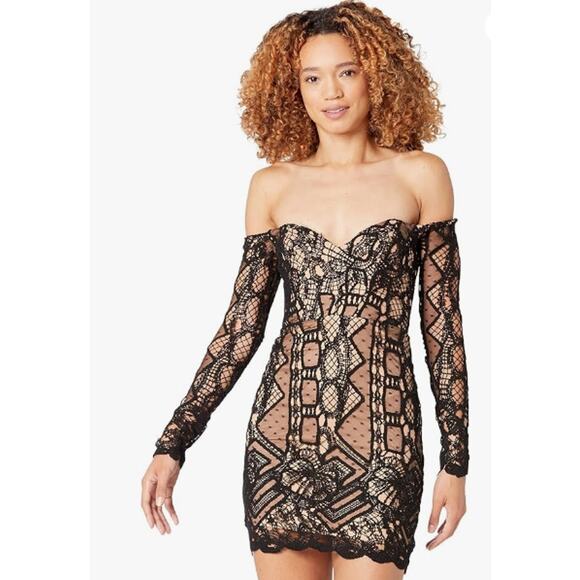 BARDOT Women's Zendaya Mini Lace Dress US 8 Large Black Nude Off Shoulder NWT - Picture 1 of 12